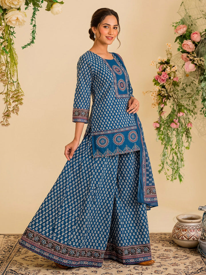 Blue Printed Cotton Blend Kurta With Pant &amp; Dupatta