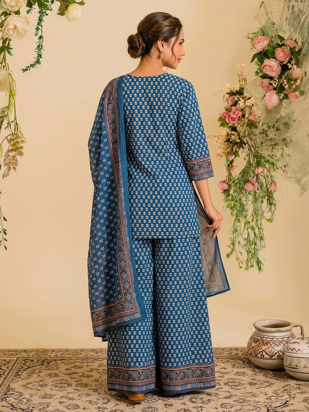 Blue Printed Cotton Blend Kurta With Pant &amp; Dupatta