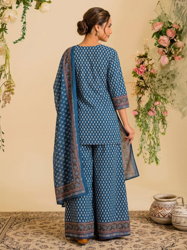Blue Printed Cotton Blend Kurta With Pant &amp; Dupatta