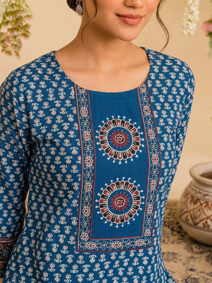 Blue Printed Cotton Blend Kurta With Pant &amp; Dupatta