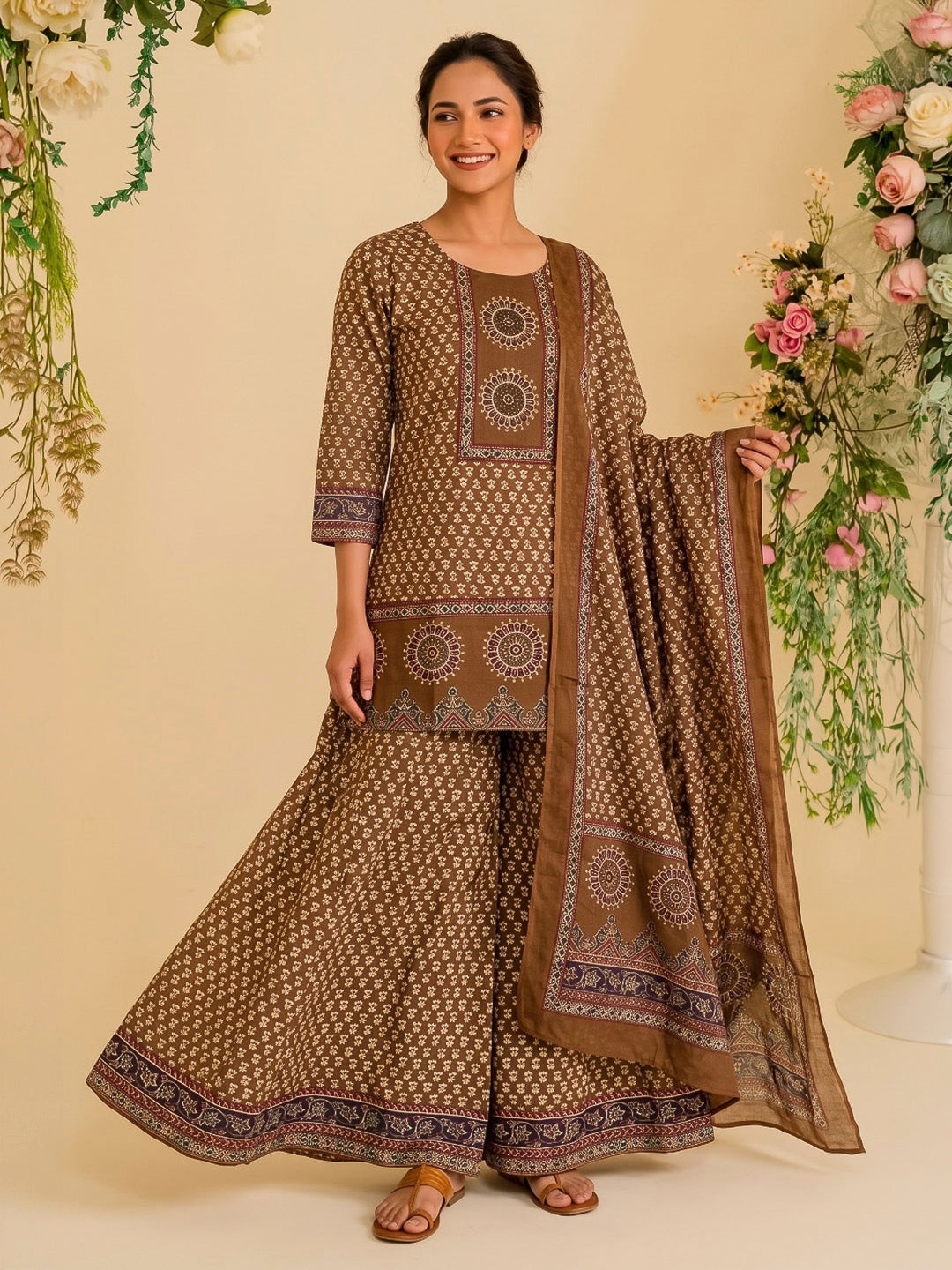 Brown Printed Cotton Blend Kurta With Pant &amp; Dupatta