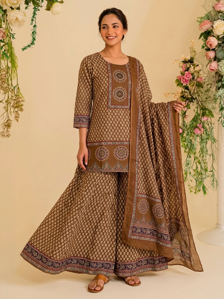Brown Printed Cotton Blend Kurta With Pant &amp; Dupatta
