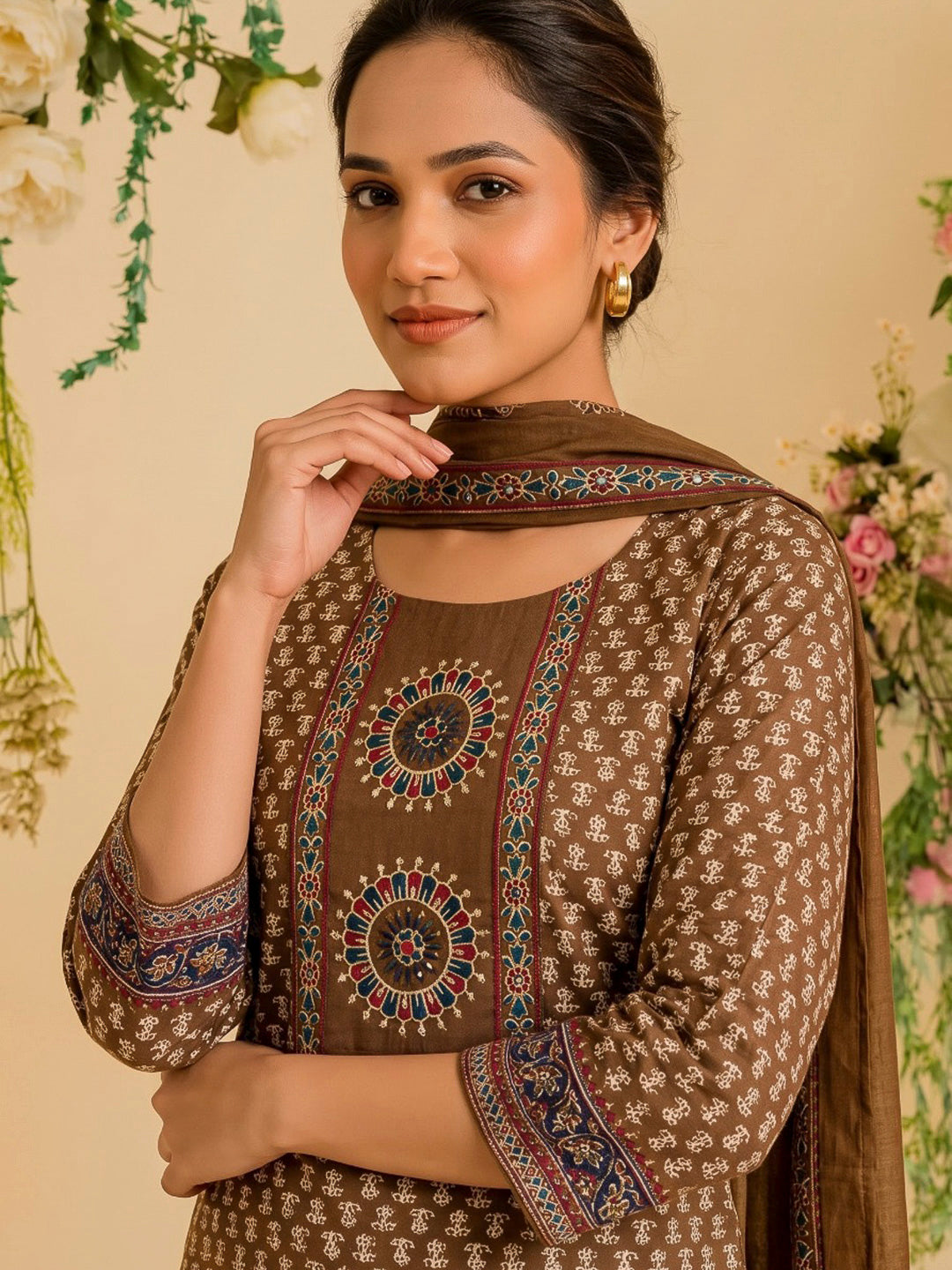 Brown Printed Cotton Blend Kurta With Pant &amp; Dupatta