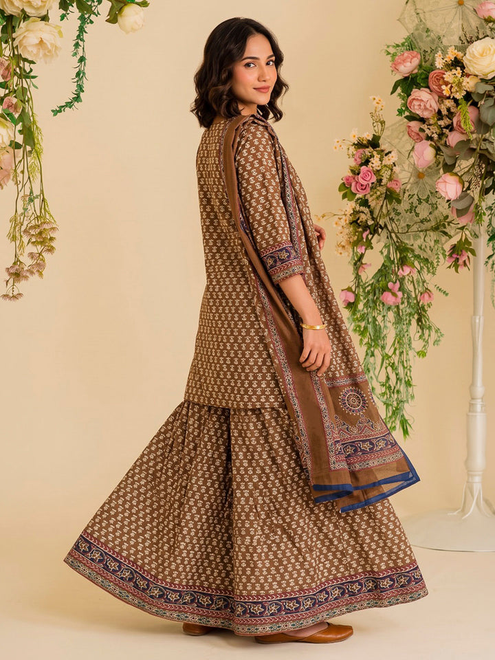 Brown Printed Cotton Blend Kurta With Pant &amp; Dupatta