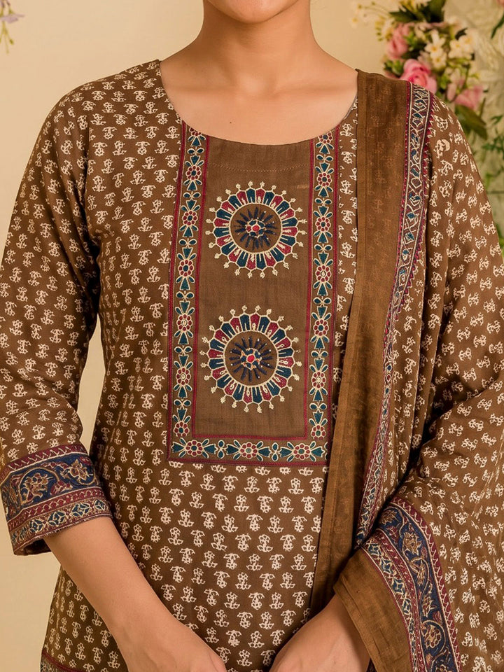 Brown Printed Cotton Blend Kurta With Pant &amp; Dupatta