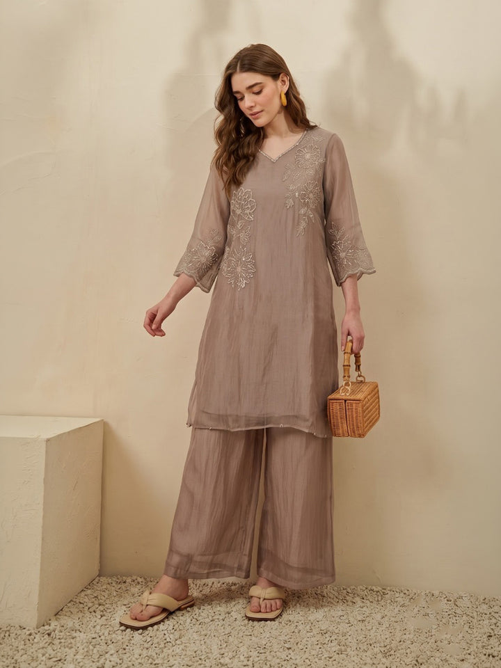 Brown Printed Tissue Kurta Set