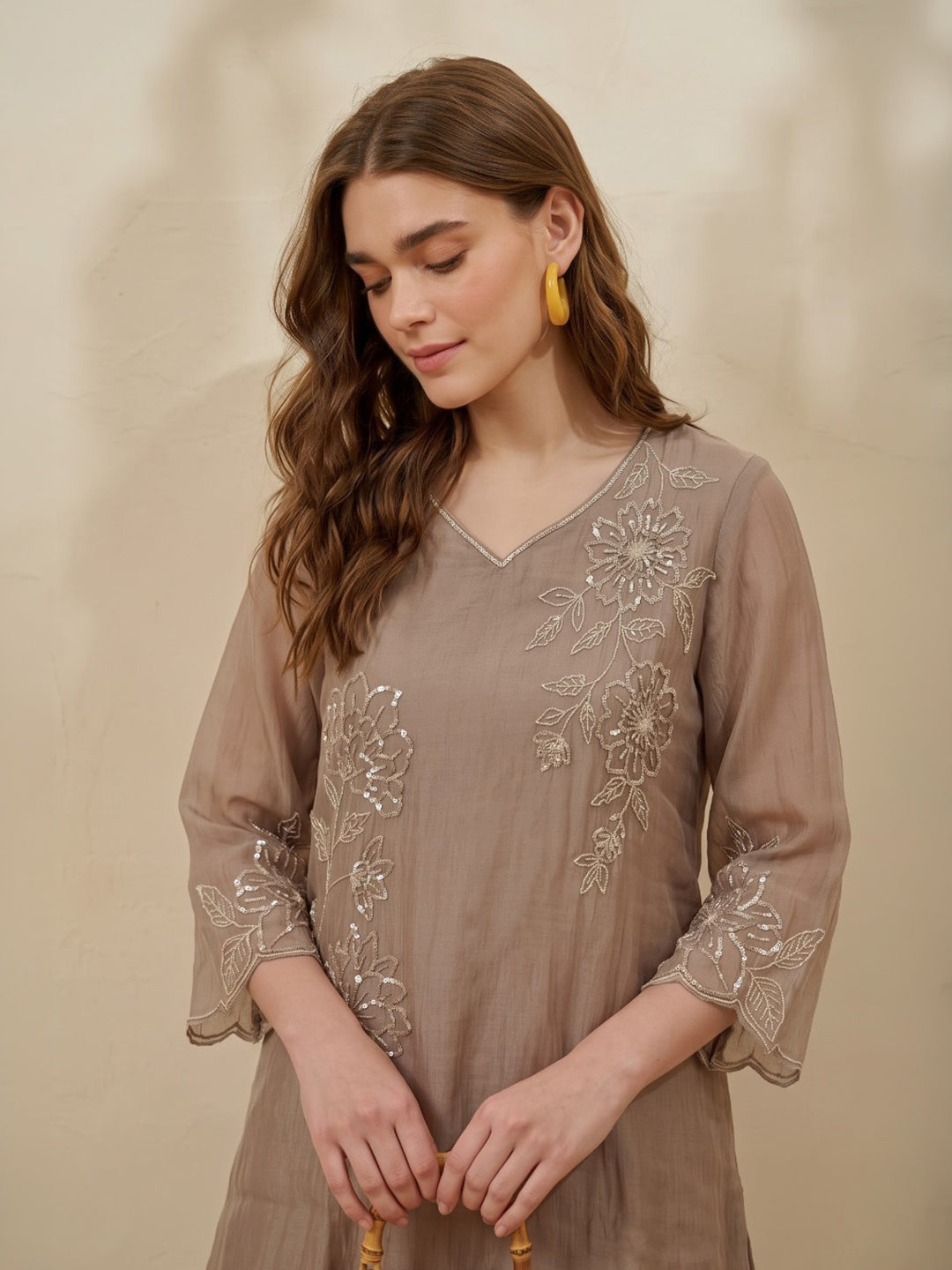 Brown Printed Tissue Kurta Set