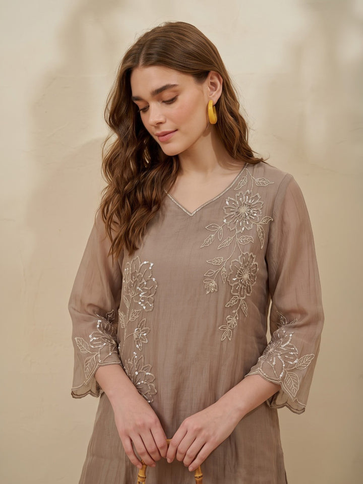 Brown Printed Tissue Kurta Set