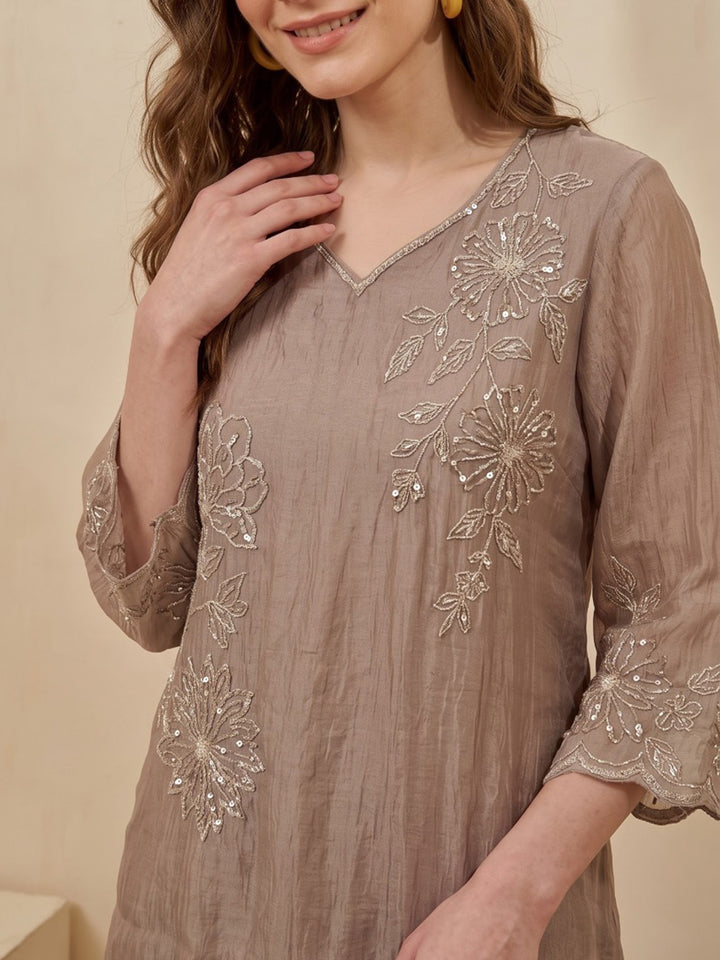 Brown Printed Tissue Kurta Set