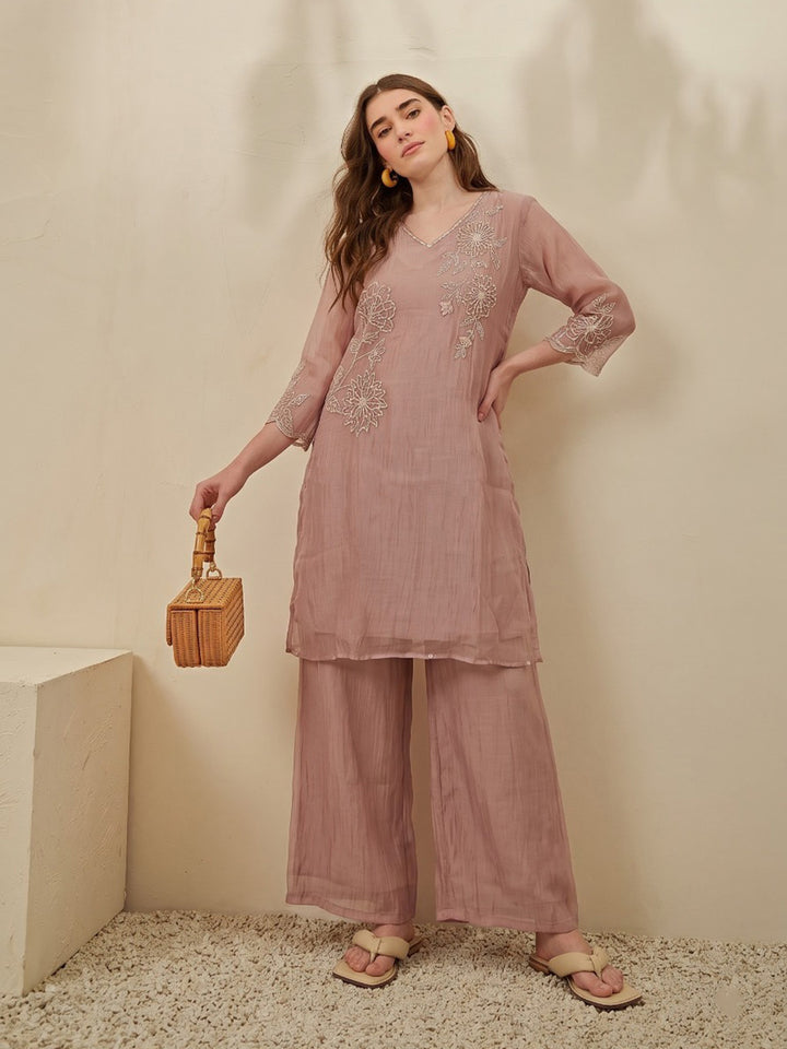 Peach Printed Tissue Kurta Set