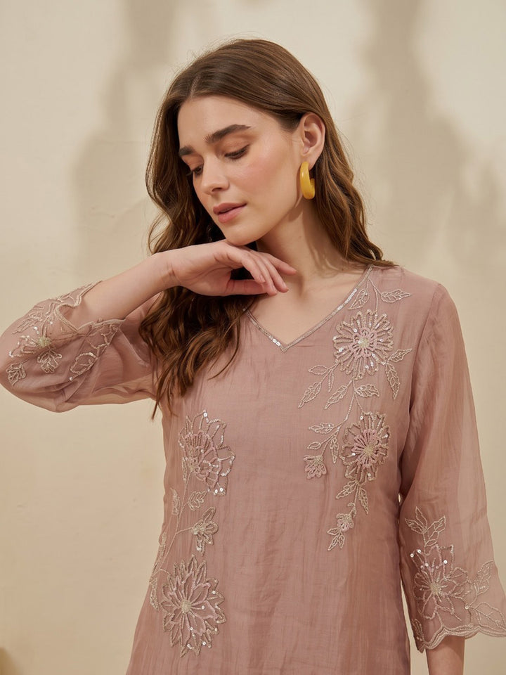 Peach Printed Tissue Kurta Set