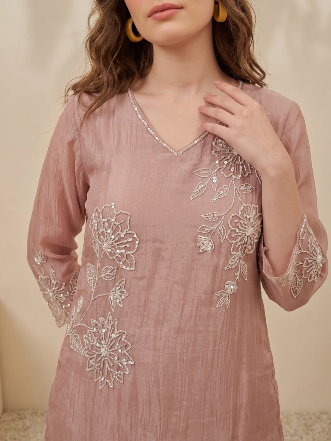 Peach Printed Tissue Kurta Set