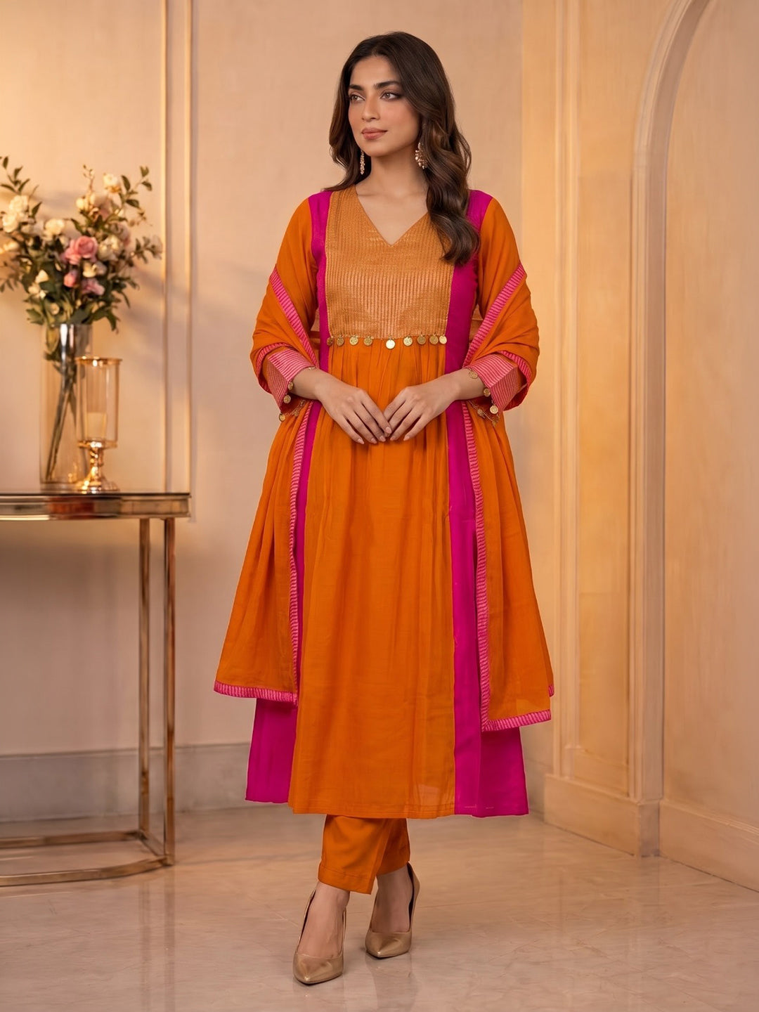Rust Embroidered Chanderi Kurta With Pant &amp; Dupatta