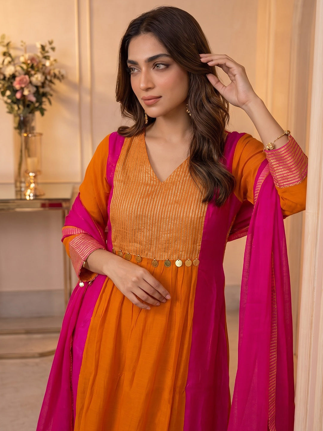 Rust Embroidered Chanderi Kurta With Pant &amp; Dupatta