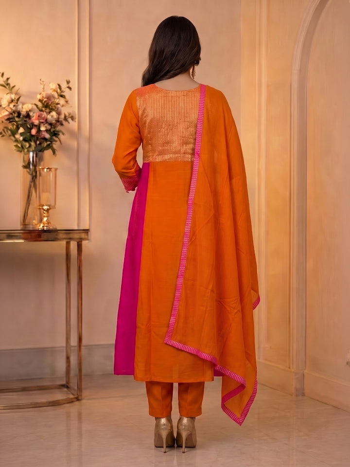 Rust Embroidered Chanderi Kurta With Pant &amp; Dupatta