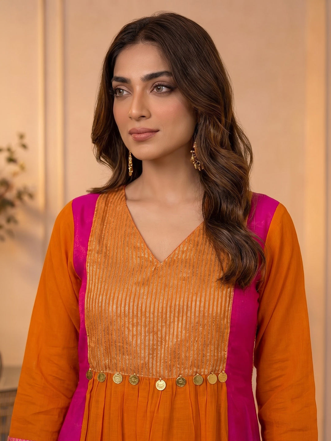 Rust Embroidered Chanderi Kurta With Pant &amp; Dupatta
