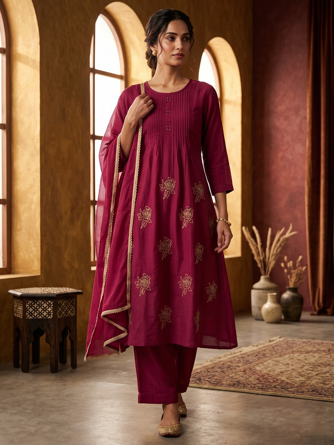 Maroon Embroidered Cotton Blend Kurta With Pant &amp; Dupatta