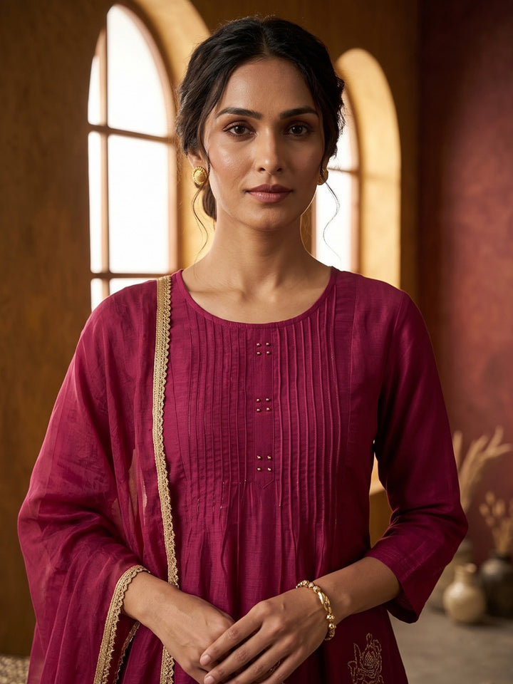 Maroon Embroidered Cotton Blend Kurta With Pant &amp; Dupatta