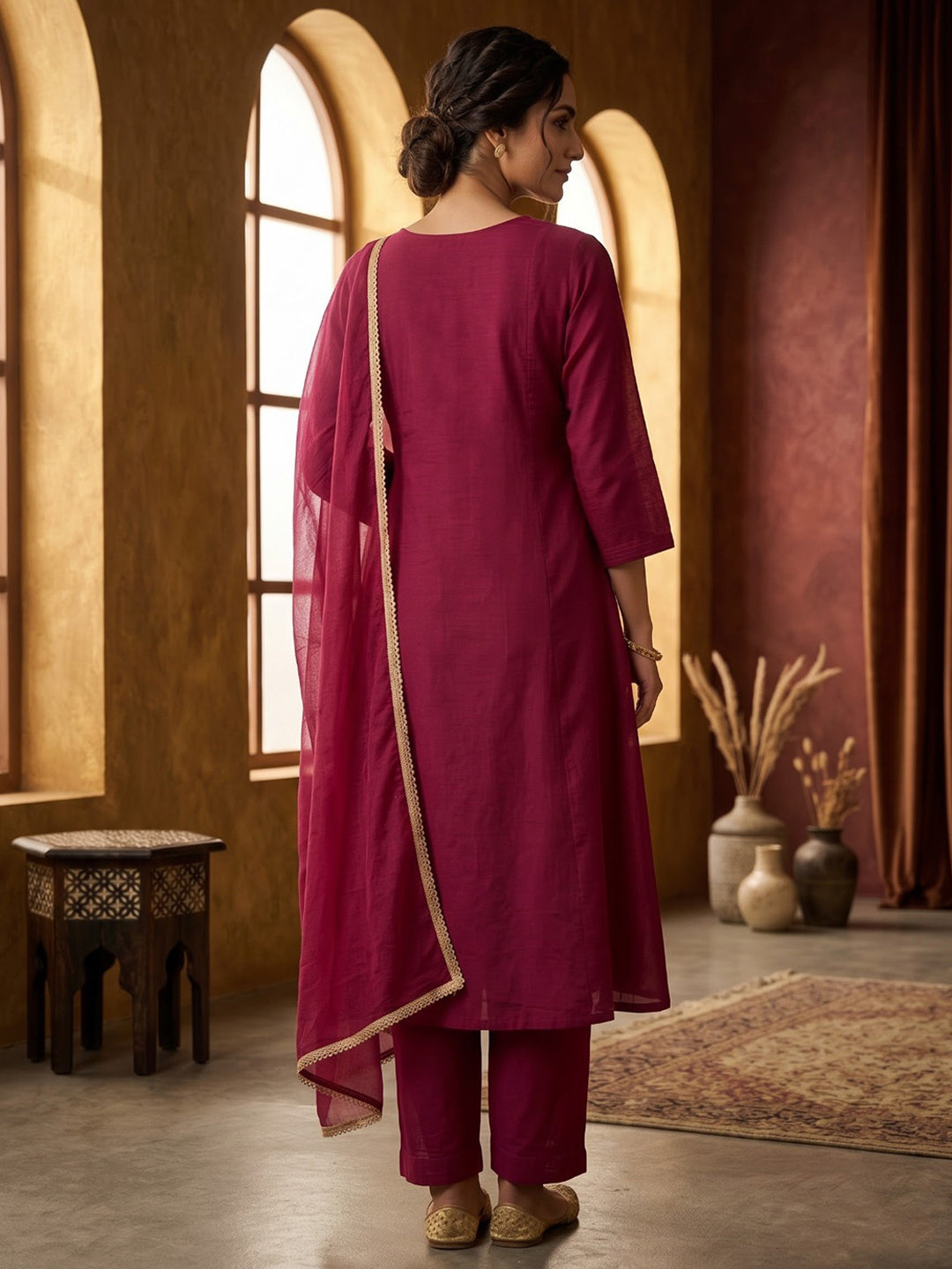 Maroon Embroidered Cotton Blend Kurta With Pant &amp; Dupatta