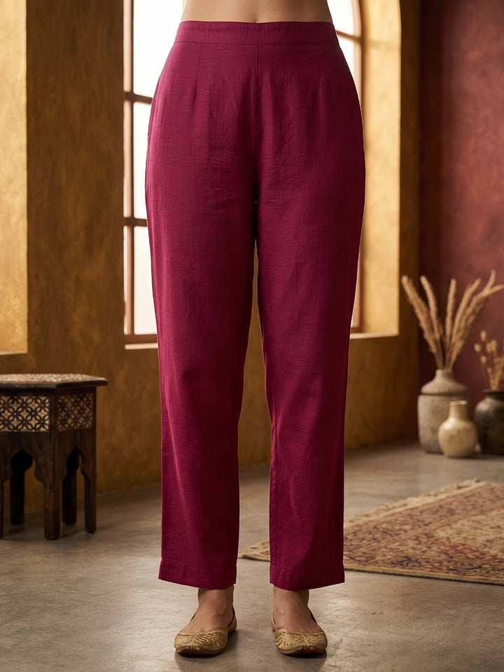 Maroon Embroidered Cotton Blend Kurta With Pant &amp; Dupatta