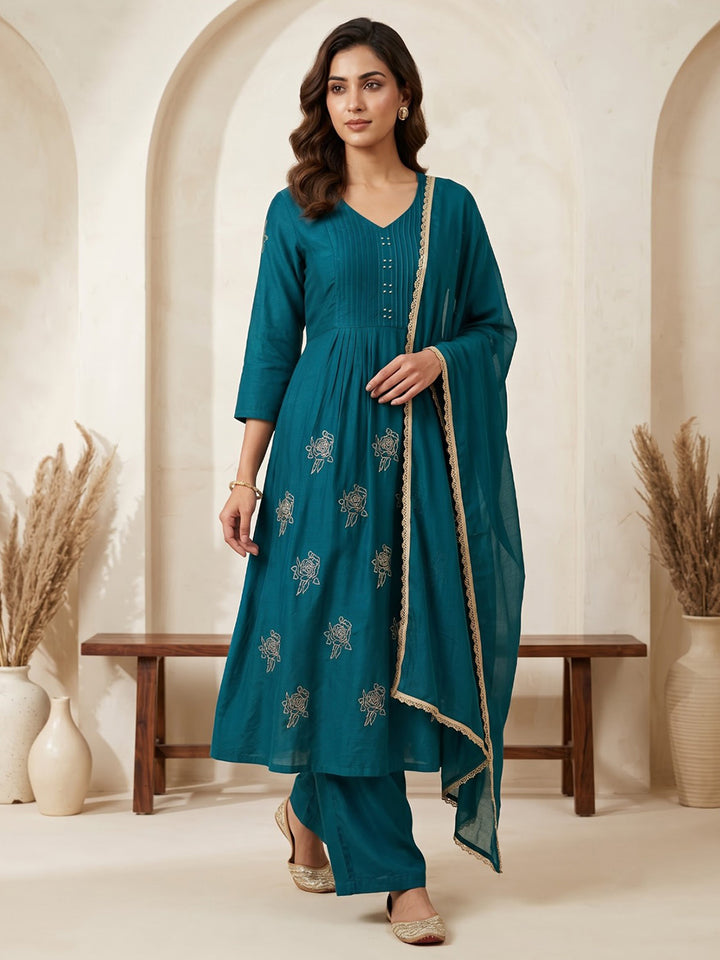 Teal Blue Embroidered Cotton Blend Kurta With Pant &amp; Dupatta