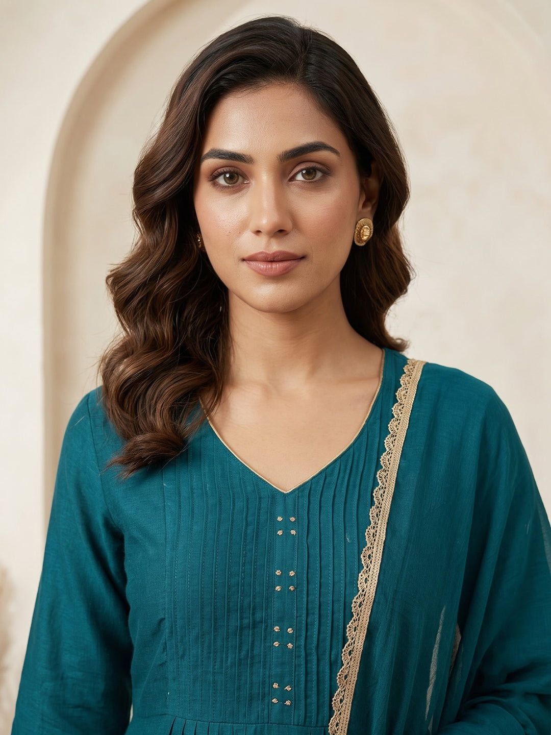 Teal Blue Embroidered Cotton Blend Kurta With Pant &amp; Dupatta