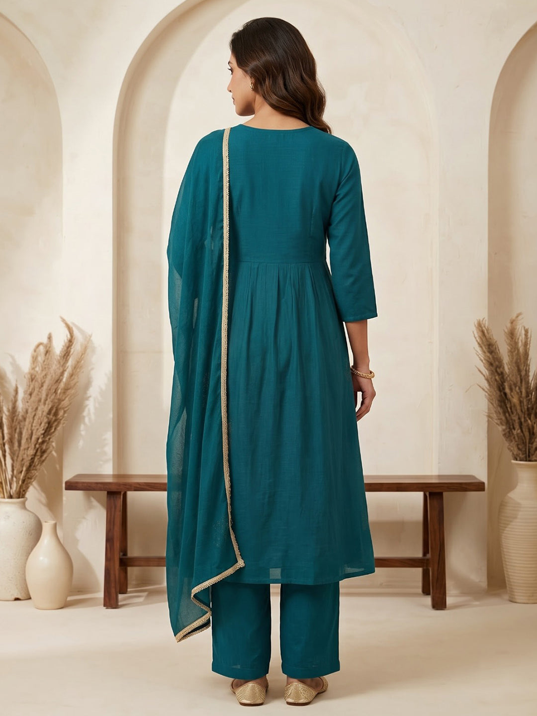 Teal Blue Embroidered Cotton Blend Kurta With Pant &amp; Dupatta