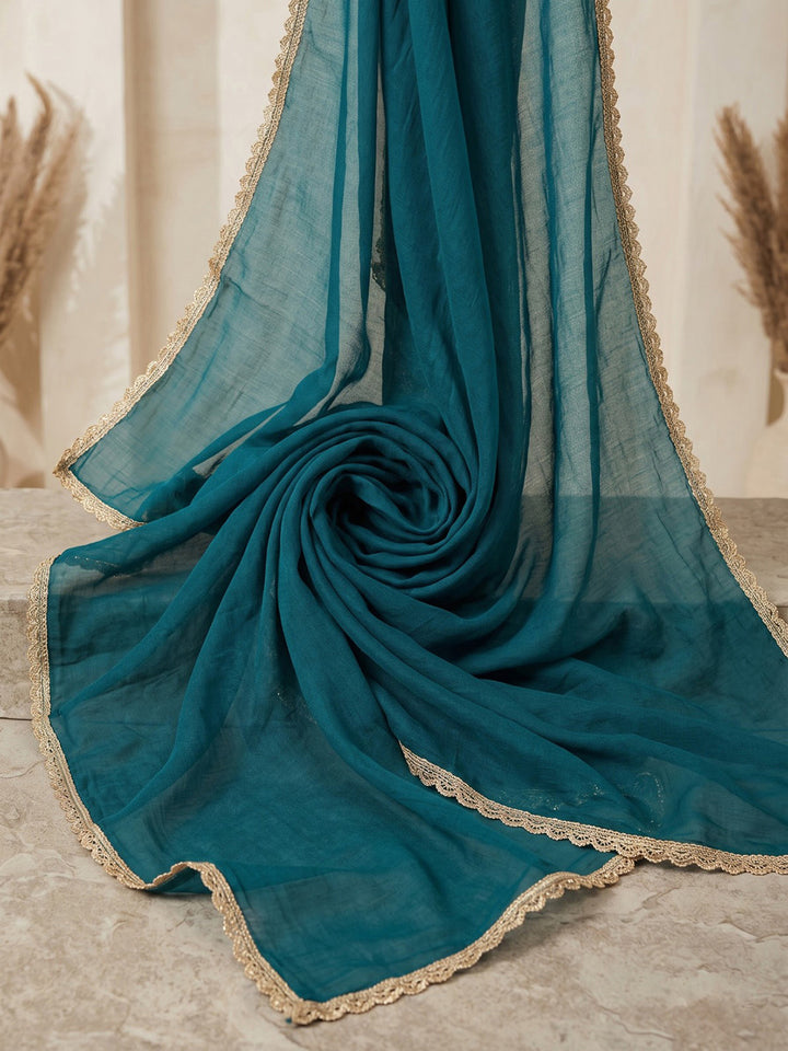 Teal Blue Embroidered Cotton Blend Kurta With Pant &amp; Dupatta