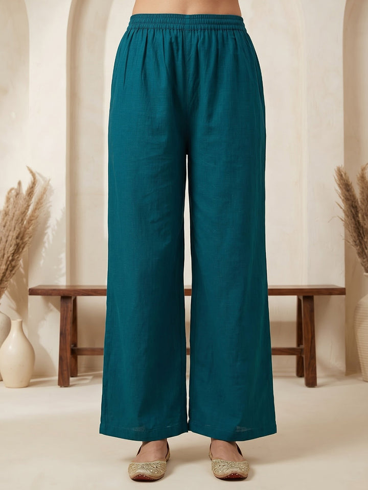 Teal Blue Embroidered Cotton Blend Kurta With Pant &amp; Dupatta