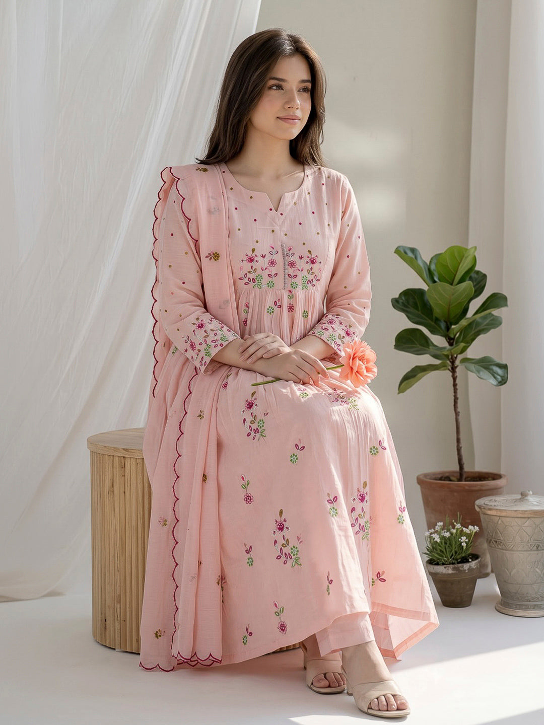 Pink Lt Embroidered Chanderi Kurta With Pant &amp; Dupatta