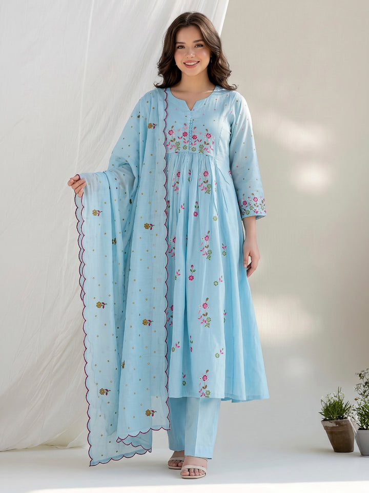 Sky Blue Embroidered Chanderi Kurta With Pant &amp; Dupatta