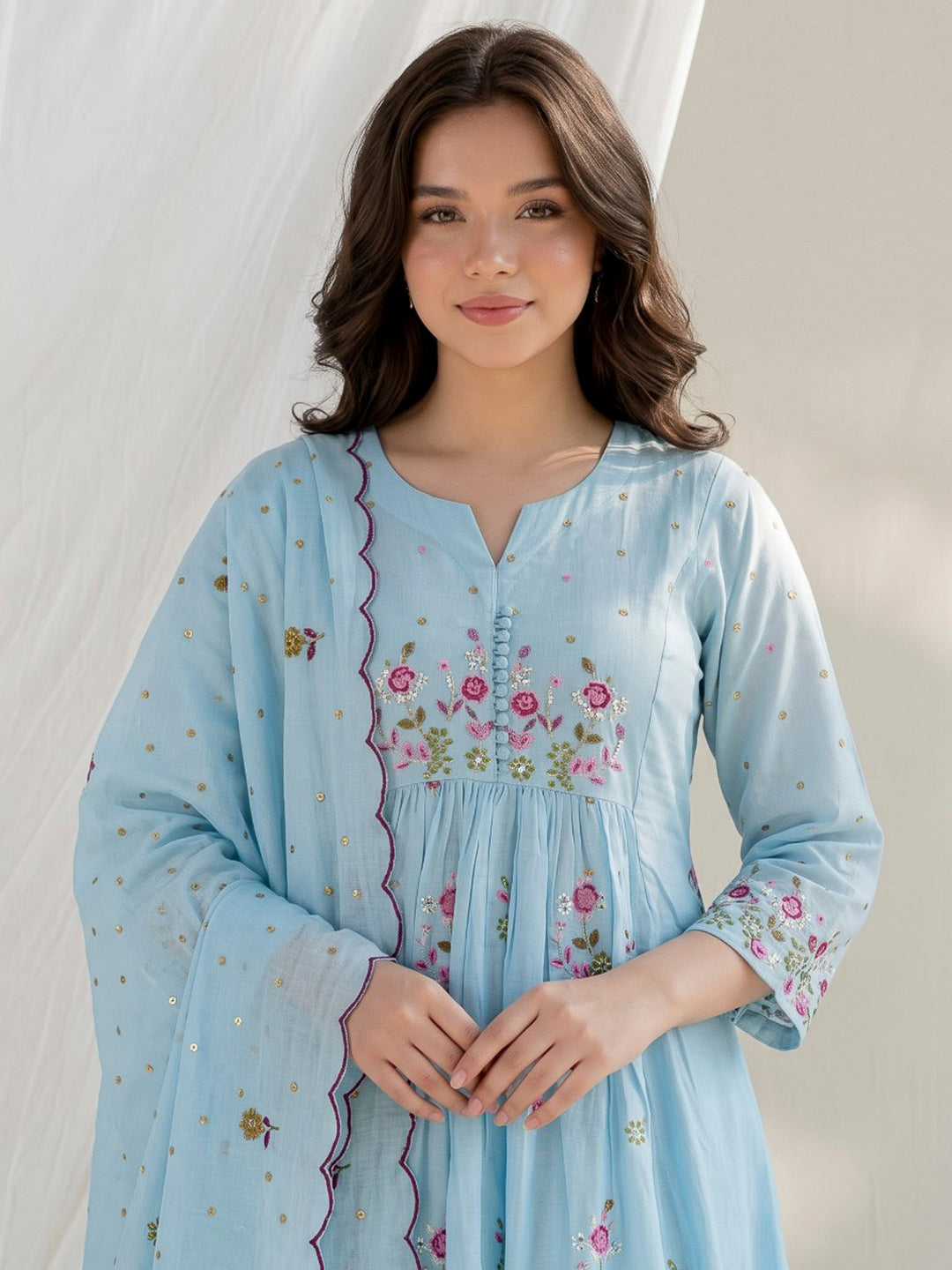 Sky Blue Embroidered Chanderi Kurta With Pant &amp; Dupatta