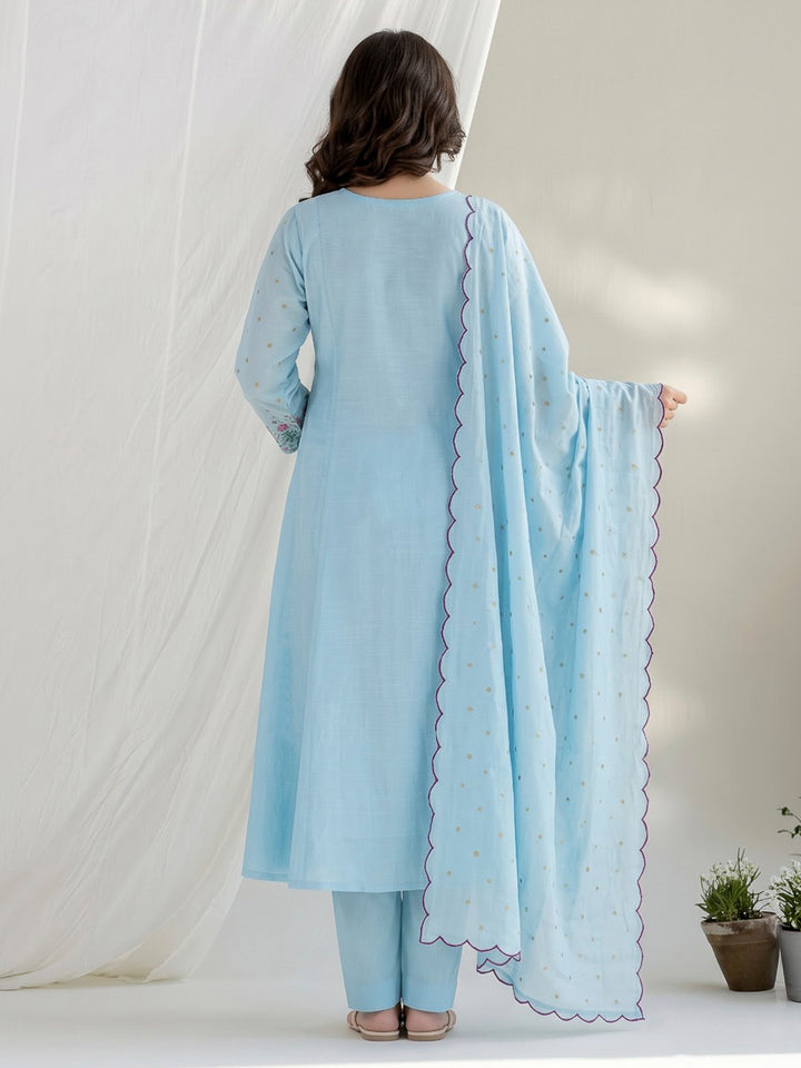 Sky Blue Embroidered Chanderi Kurta With Pant &amp; Dupatta