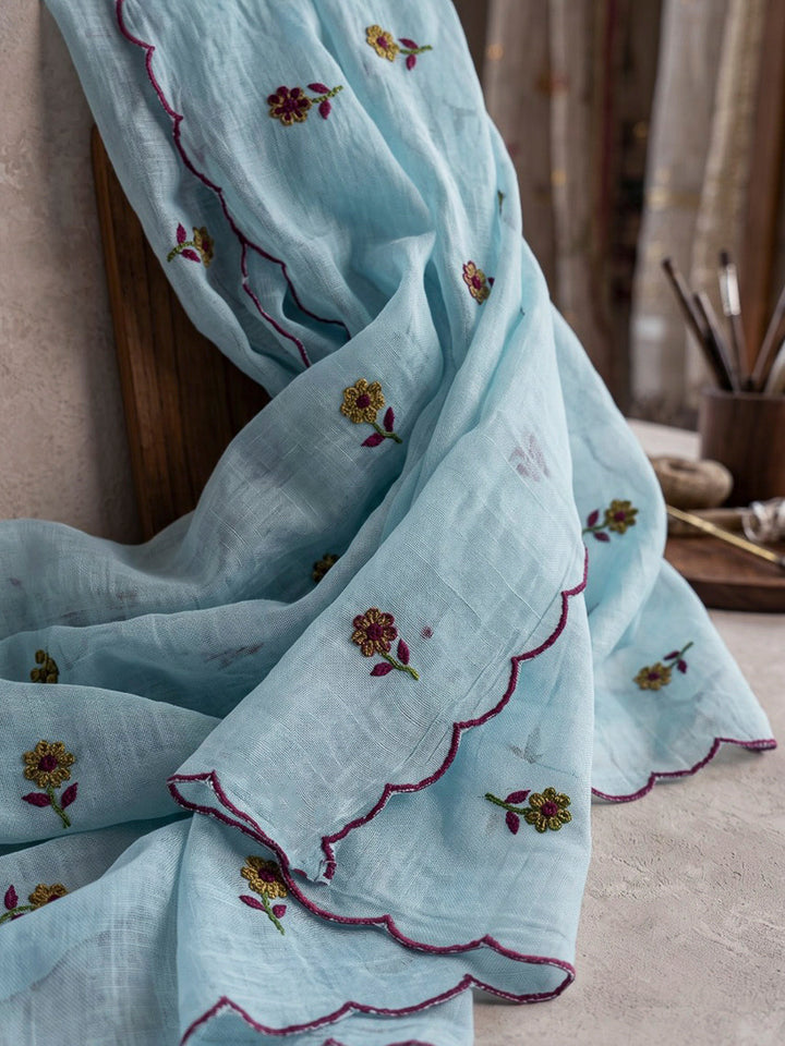 Sky Blue Embroidered Chanderi Kurta With Pant &amp; Dupatta