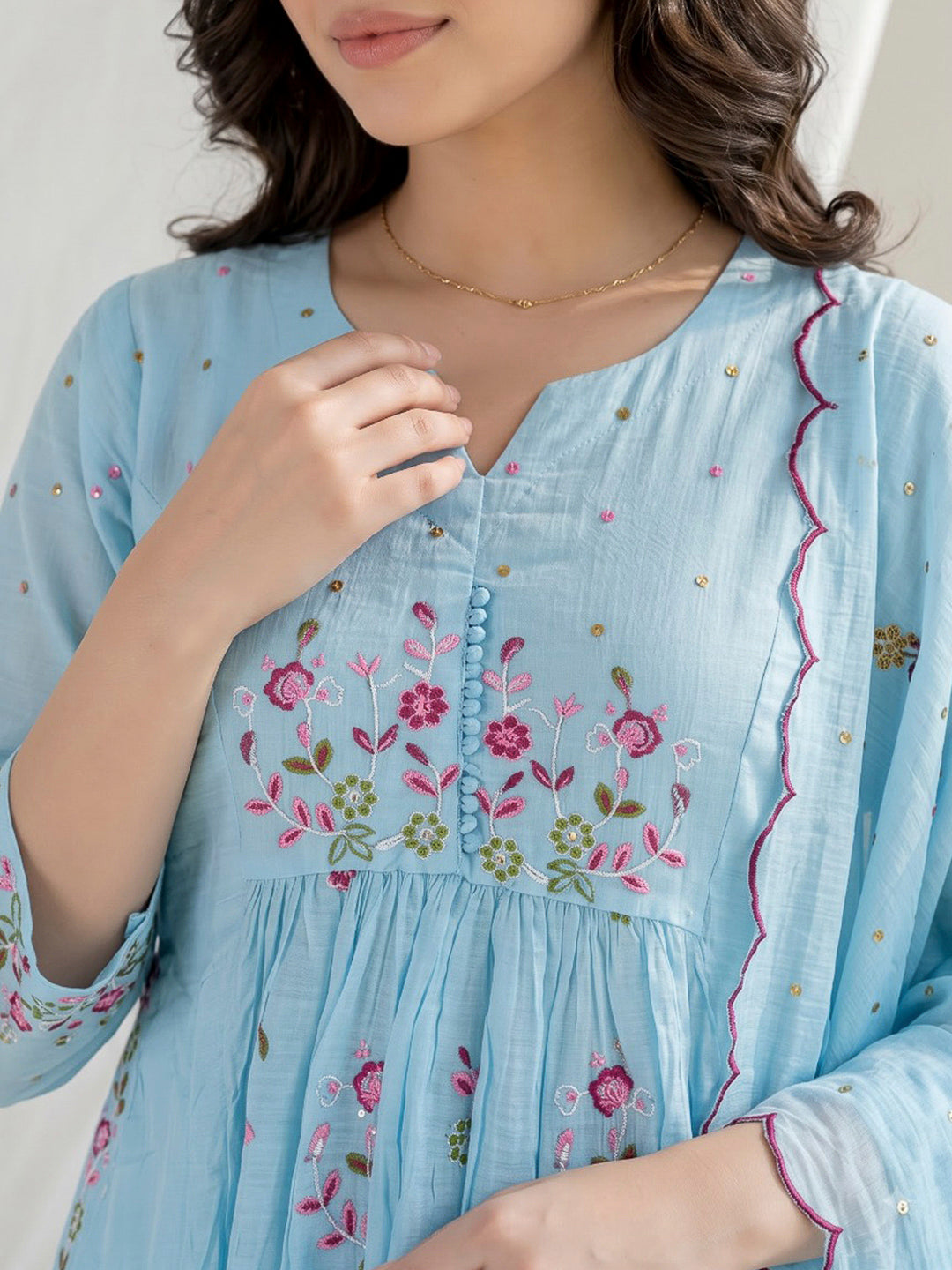 Sky Blue Embroidered Chanderi Kurta With Pant &amp; Dupatta