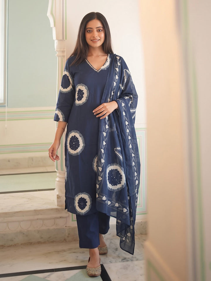 Blue Printed Cotton Blend Kurta With Pant &amp; Dupatta