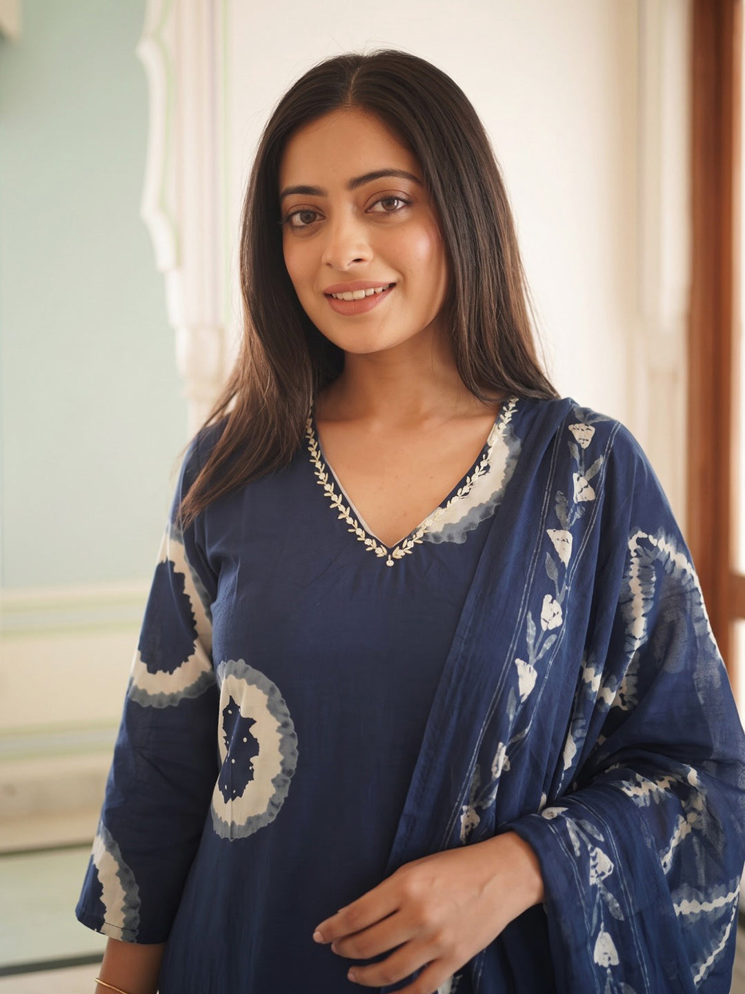 Blue Printed Cotton Blend Kurta With Pant &amp; Dupatta