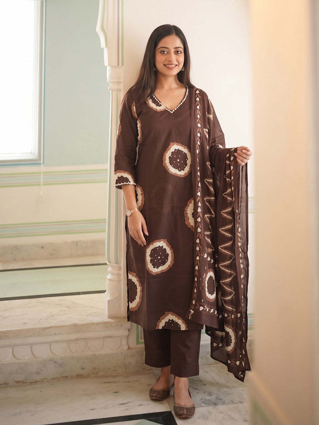 Brown Printed Cotton Blend Kurta With Pant &amp; Dupatta