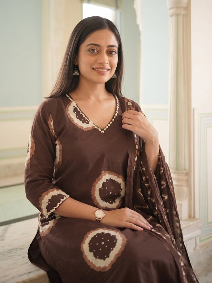 Brown Printed Cotton Blend Kurta With Pant &amp; Dupatta