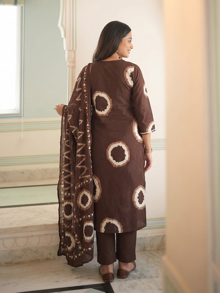 Brown Printed Cotton Blend Kurta With Pant &amp; Dupatta