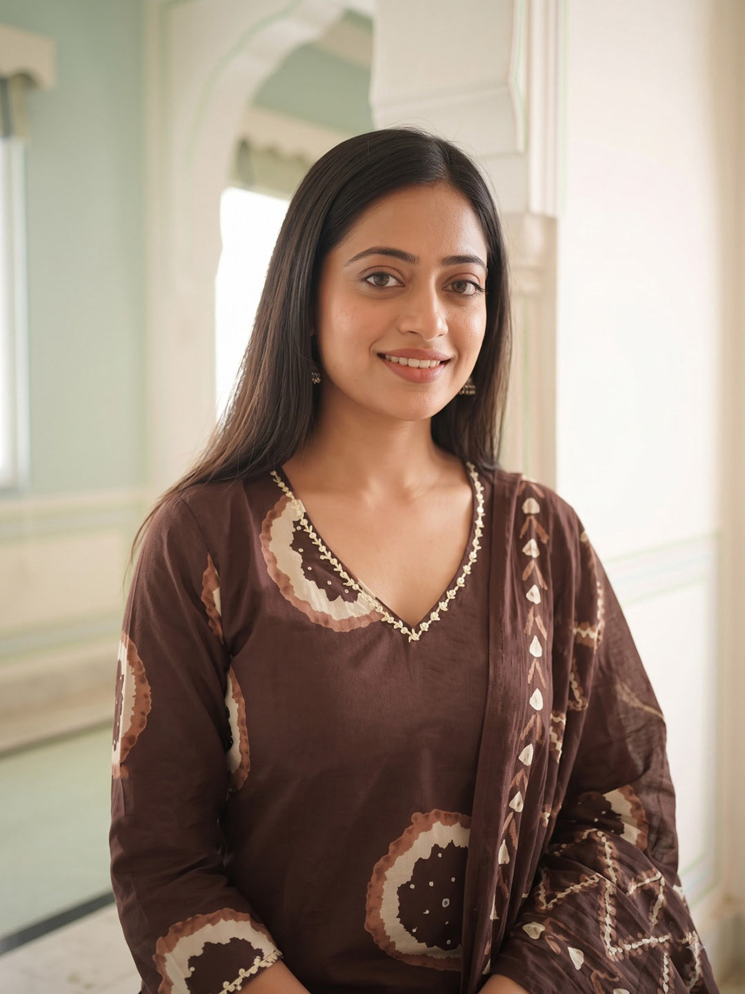 Brown Printed Cotton Blend Kurta With Pant &amp; Dupatta