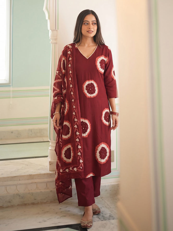 Maroon Printed Cotton Blend Kurta With Pant &amp; Dupatta