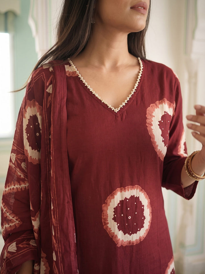 Maroon Printed Cotton Blend Kurta With Pant &amp; Dupatta