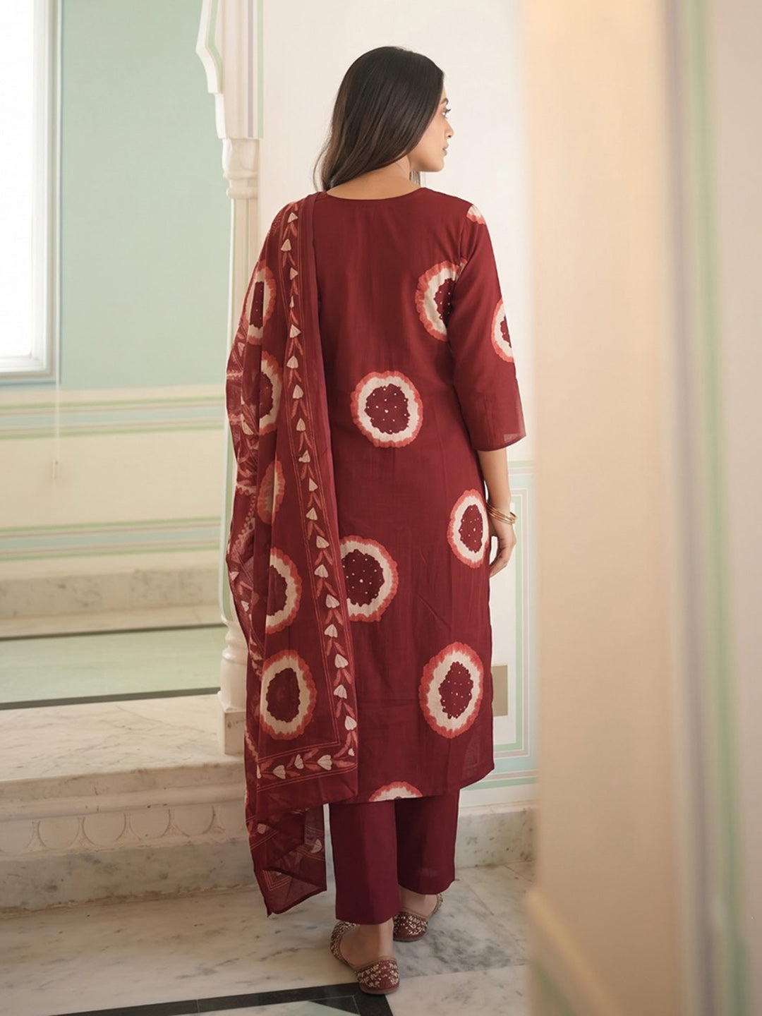 Maroon Printed Cotton Blend Kurta With Pant &amp; Dupatta