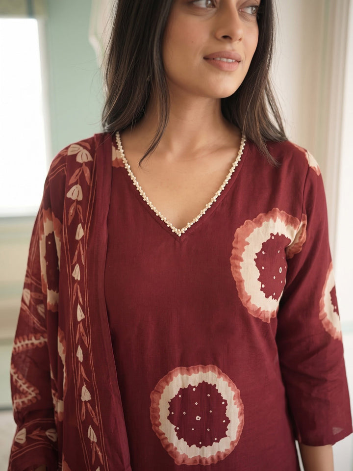 Maroon Printed Cotton Blend Kurta With Pant &amp; Dupatta