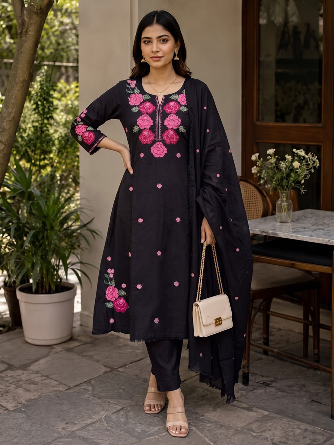 Black Printed Cotton Blend Kurta With Pant &amp; Dupatta