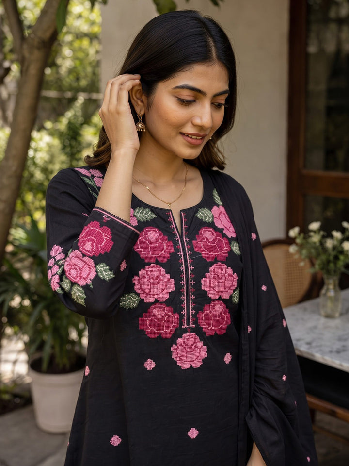 Black Printed Cotton Blend Kurta With Pant &amp; Dupatta