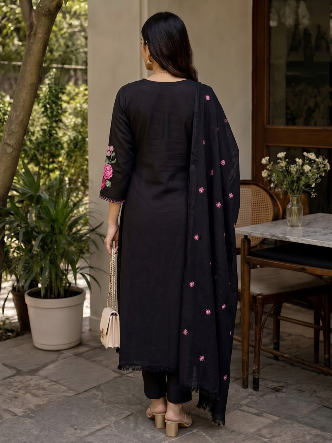 Black Printed Cotton Blend Kurta With Pant &amp; Dupatta