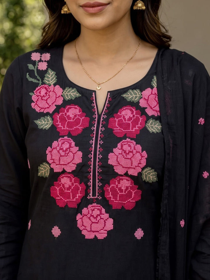 Black Printed Cotton Blend Kurta With Pant &amp; Dupatta