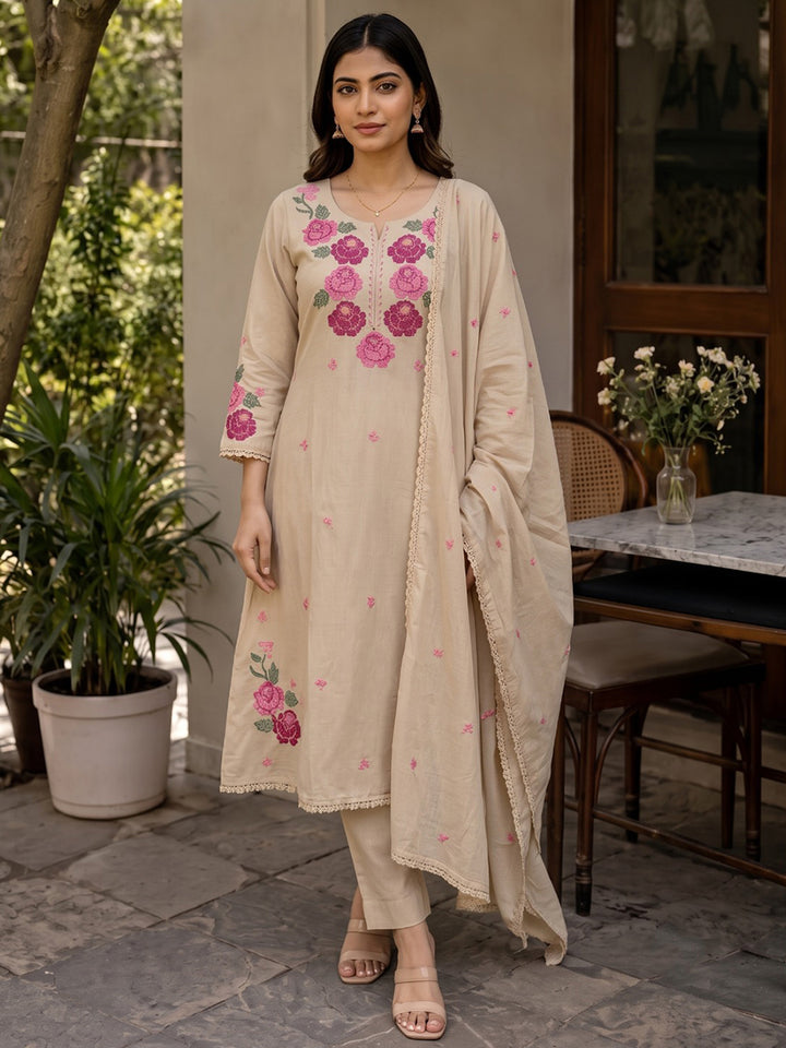 Cream Printed Cotton Blend Kurta With Pant &amp; Dupatta